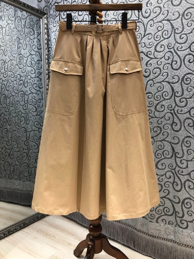 100%Cotton Long Skirt 2021 Autumn Style Women Belt Deco Big Pocket Patchwork Casual Khaki Dark Blue Long Maxi Skirt Casual