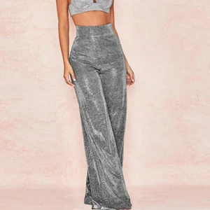 Модные длинные брюки с блестками в уличном стиле, однотонные свободные широкие штаны с высокой талией, блестящие сексуальные эластичные брюки, женская одежда Палаццо