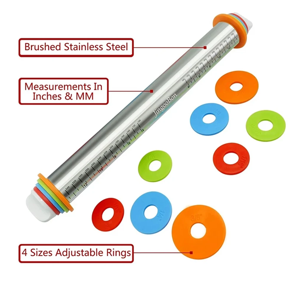 

Stainless Steel Adjustable Rolling Pins 440x45mm Removable Thickness Rings Pastry Mat Kitchen Tool Supply