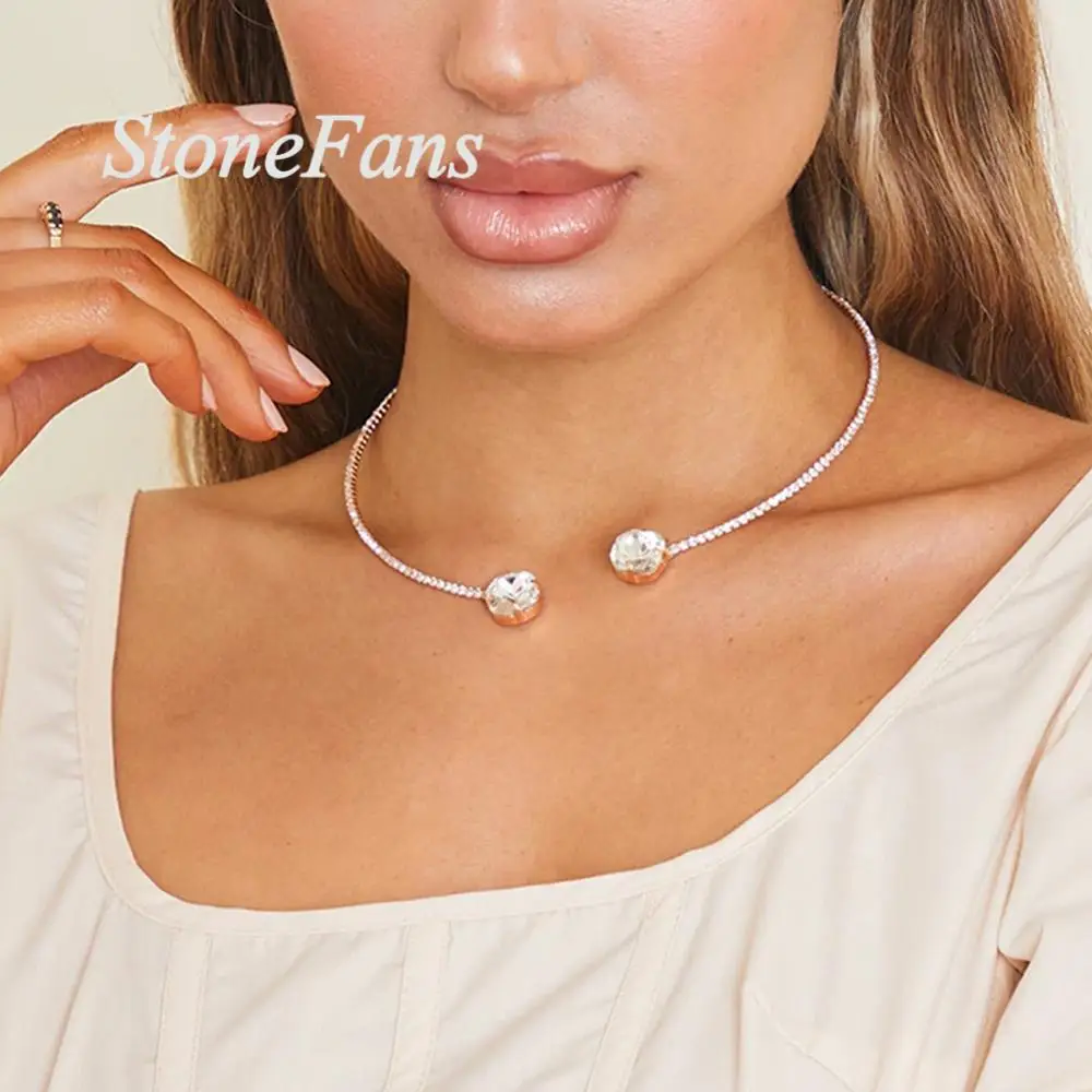 Stonefans Simple Big Crystal Rhinestone Choker Necklace for Women Bling 1 Row Round Open Cuff Necklace Collar Statement Jewelry