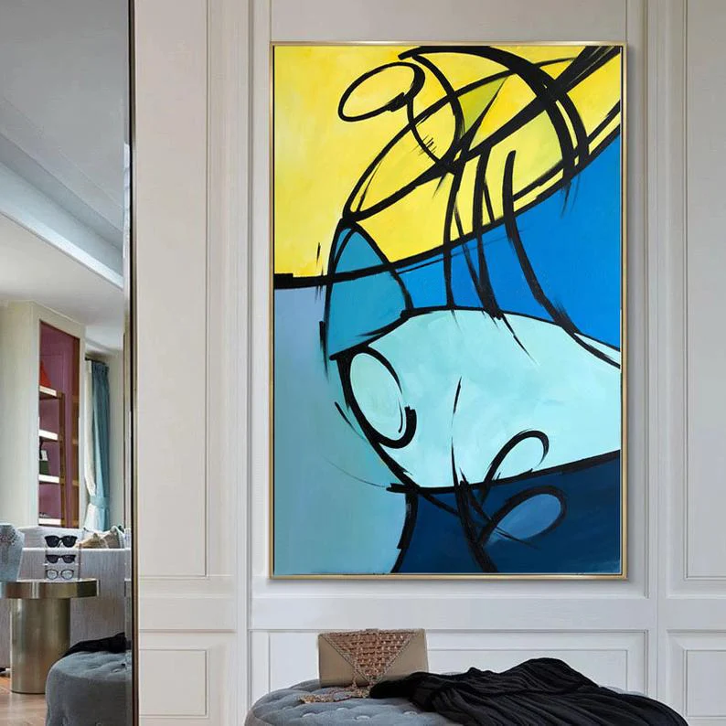

Handmade Abstract Painting Acrylic Large Wall Art Canvas Art Living Room Decor Minimalist Modern Wall Painting Blue Yellow Art