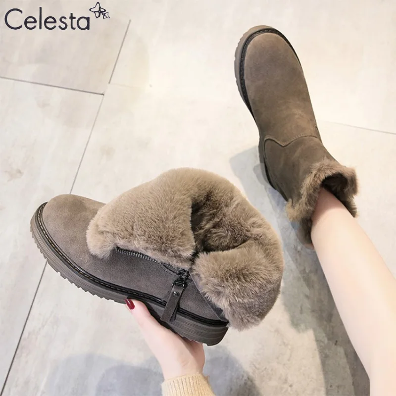 

2021 зимние теплые бархатные сапоги Celesta для снежной погоды, женские короткие сапоги из хлопка, сапоги на молнии с бахромой, хлопковая обувь, б...
