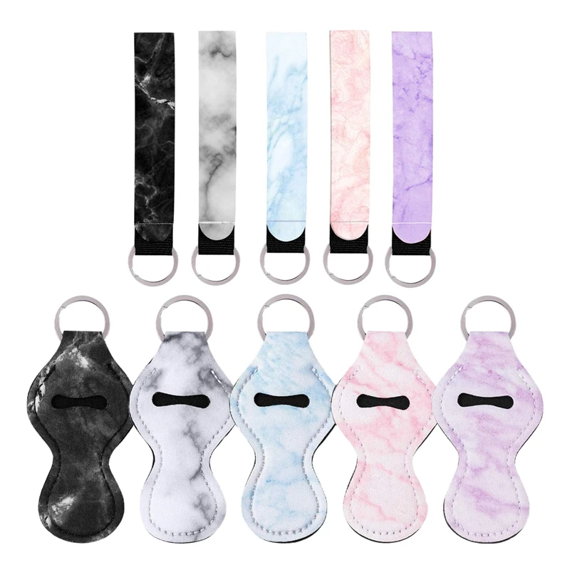 

5 Pieces Chapstick Holder Keychain with 5 Pieces Neoprene Wristlet Lanyards, Neoprene Lipstick Protective Cases Cover