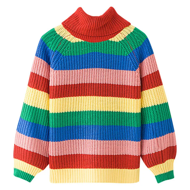 

2018 new Autumn/Winter Women's Sweaters Rainbow Stripe Loose Large Leisure Turtleneck Knitted Sweaters