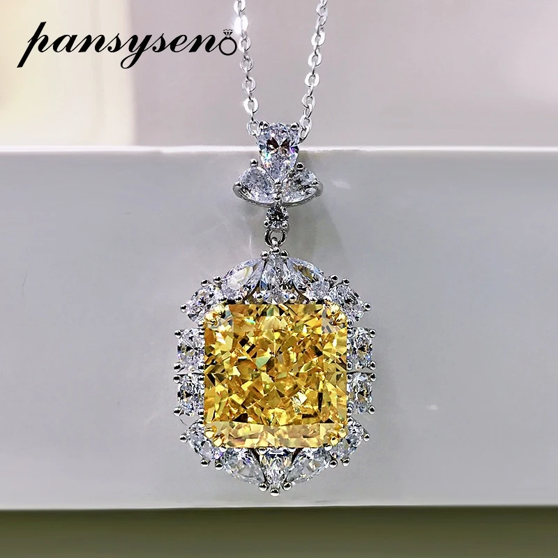 PANSYSEN New 100% 925 Sterling Silver 13MM Citrine Simulated Moissanite Pendant Necklaces for Women Wedding Party Gift Wholesale