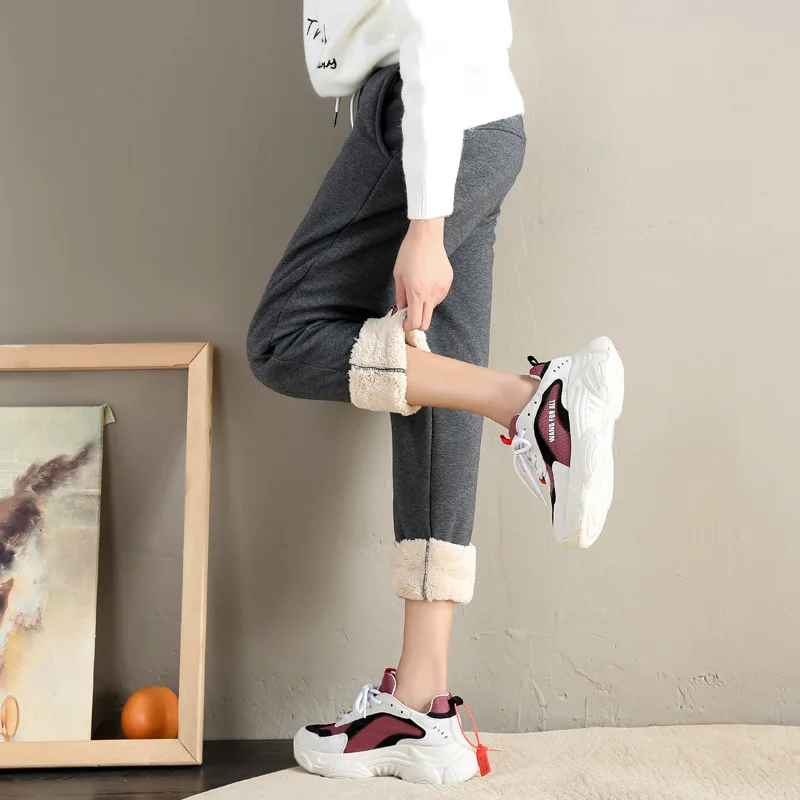 

2020 Winter Women Gym Wool Sweatpants Warm Cuff Running Jogger Baggy Workout Trousers Elastic Waist Drawstring Loose Sport Pants