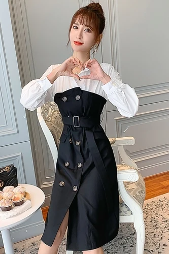 

Loose New 2019 Brief Women Dresses Pocket Double Breasted Patchwork Summer Dress A-line Fashion Korean Vintage Dress