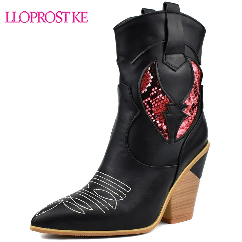 

Lloprost ke 2020 cowboy european western boots snake pointed toe slip on wedges shoes mix colors autumn winter ankle boots women