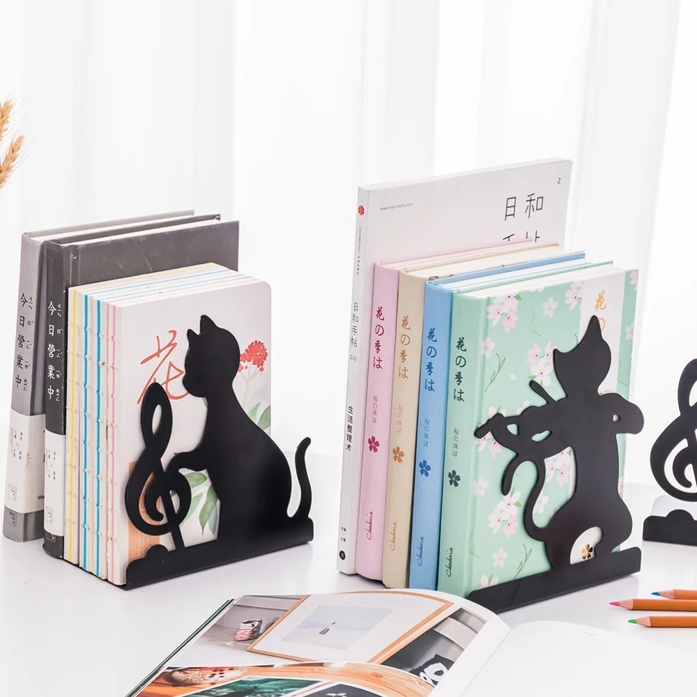 

2pcs Cat Pattern Iron Bookends Practical Simple Book Ends Book Supports Rack Desktop Organizer Magazines Stand for Office School