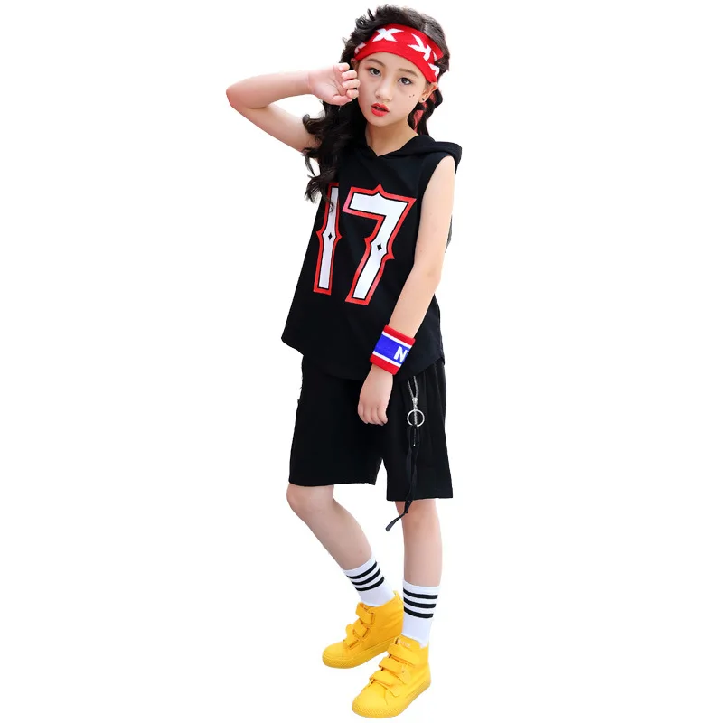 

Children Cool Hip Hop Clothing Sleeveless Hoodie Tank Top Summer Running Shorts for Girls Boys Jazz Dance Costume Clothes Wear