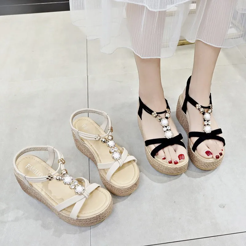 

2021 Sandals Clear Heels Buckle Strap Clogs Wedge Ladies Shoes Summer Suit Female Beige Espadrilles Platform New High Rhinestone