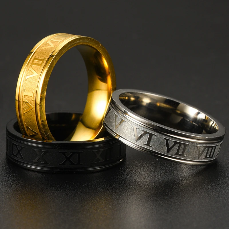 

6mm 316L Stainless Steel Wedding Band Ring Roman Numerals Gold Black Silver Color Cool Punk Rings for Men Women Fashion Jewelry