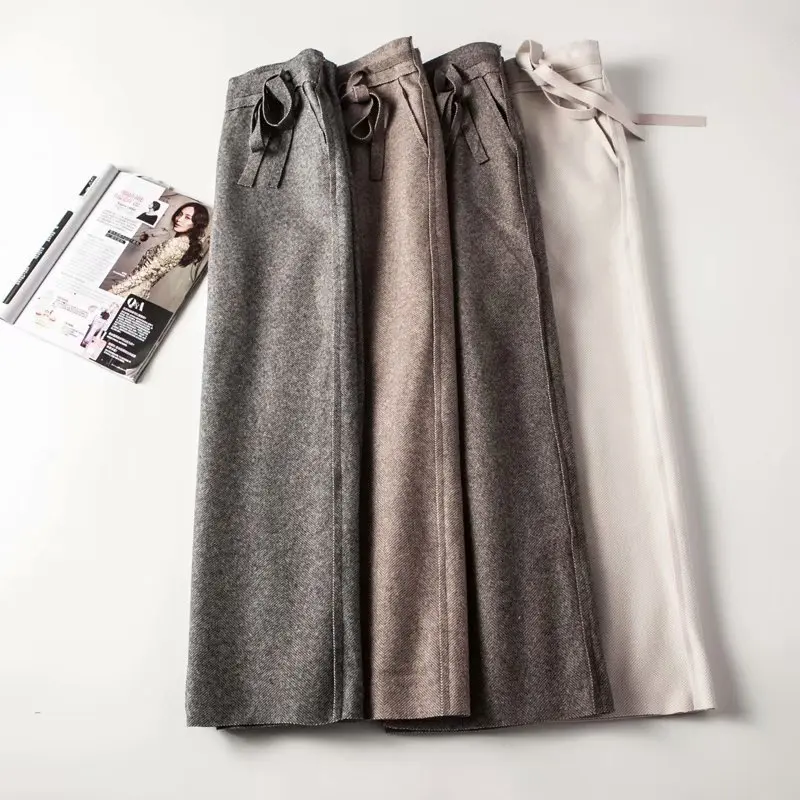 

Autumn Winter Women Lace Up Pants Herringbone Pattern Wide Leg Trousers High Waist Loose Straight Casual Full Length Long Pant