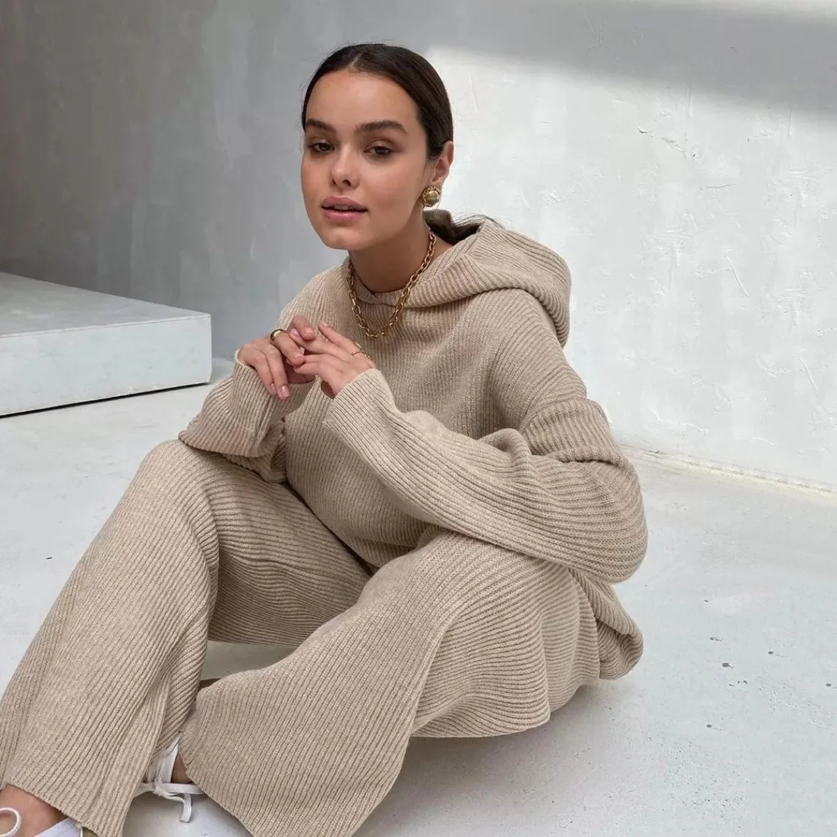 

Autumn Knitted Sweat Suits Women Matching Sets Long Sleeve Hoodie+wide-legged Pants Loungewear Sweater Set Two Piece Outfits