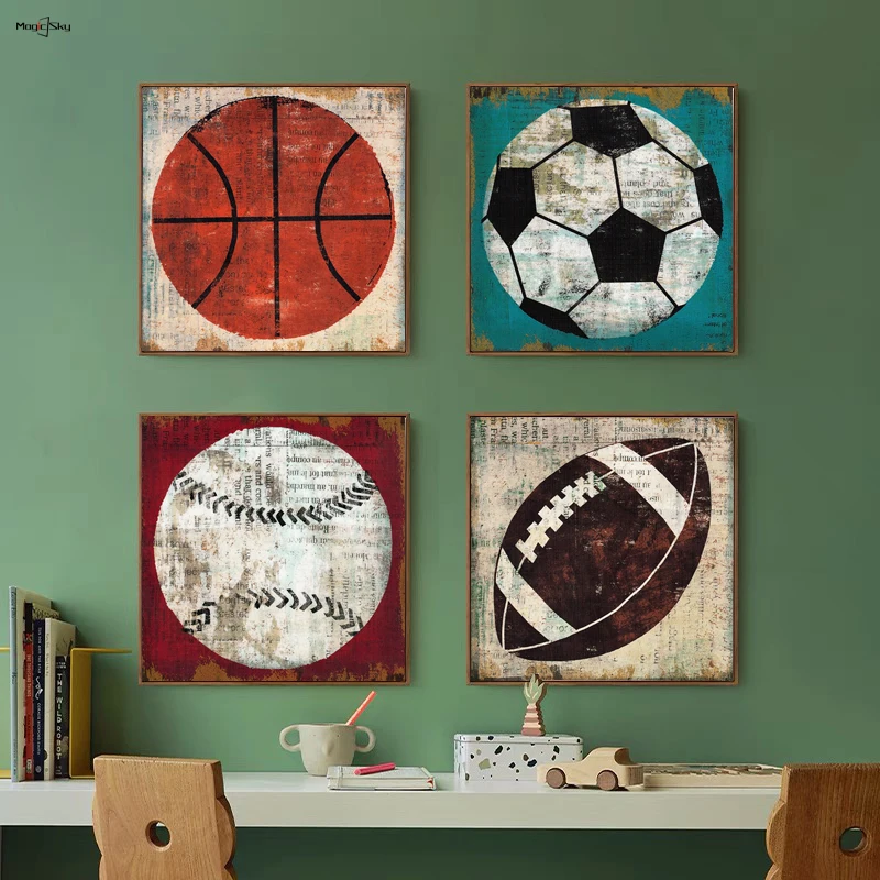

Vintage American Football Soccer Baseball Basketball Canvas Painting Wall Art Retro Decorative Prints Teen Kids Room Decoration