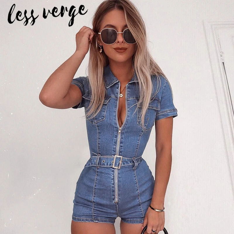 Женский джинсовый комбинезон lessverge повседневный облегающий короткий синий с