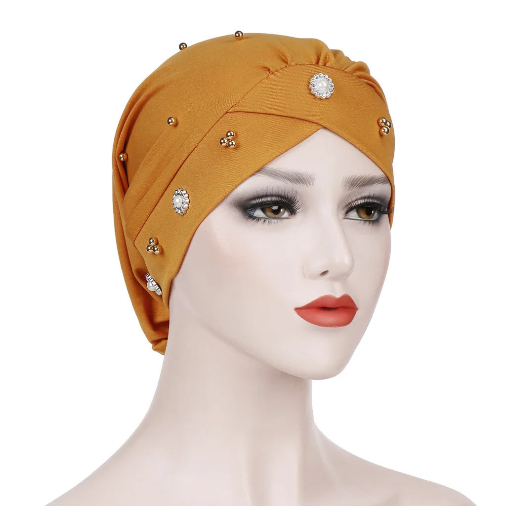 

New forehead cross pleated Daisy Beaded scarf hat Muslim hood