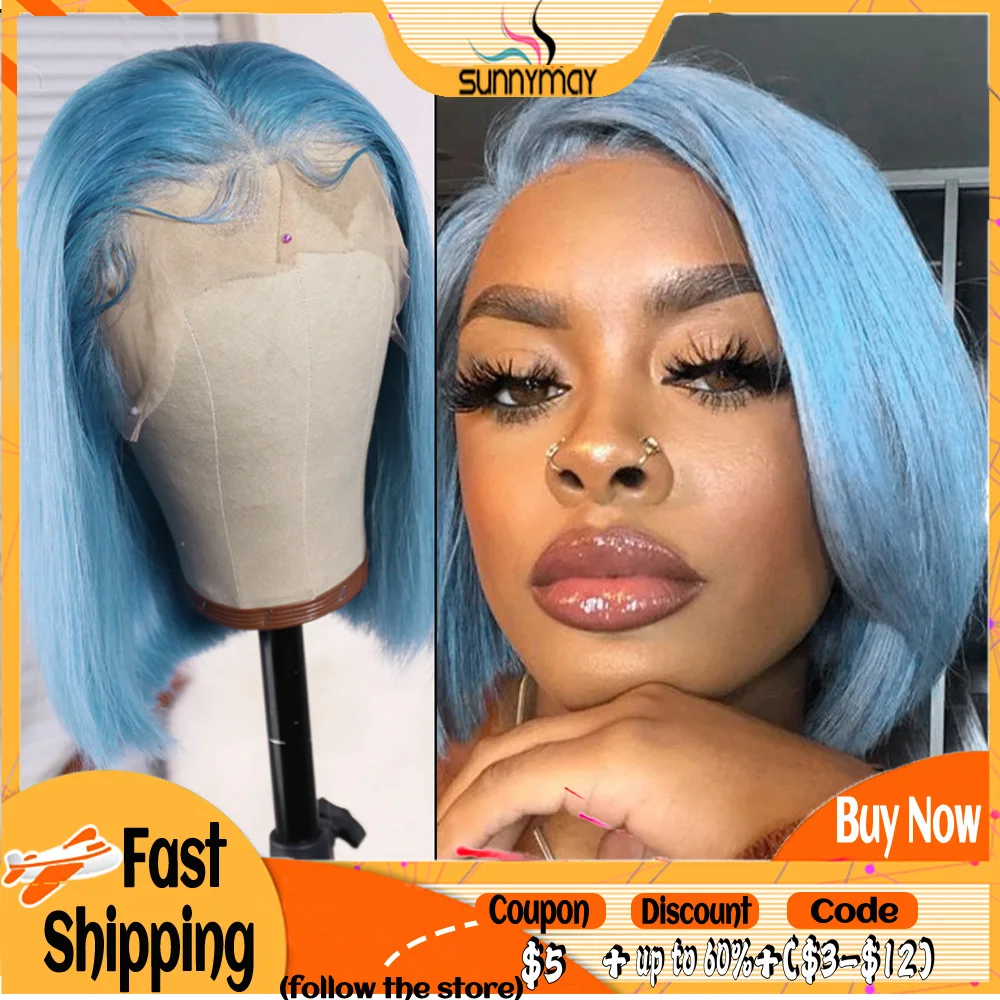 13x4 Lace Front Human Hair Blue Color Bob Wig 130% Glueless Pre Plucked With Baby Hair Remy Straight Lace Front Wig 4x4 Wig