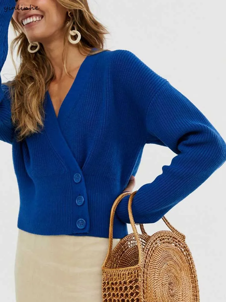 Yinlinhe синий кашемировый кардиган женский длинный рукав однобортный свитер женский шикарный осенний тонкий вязаный Свитера с пуговицами 1292