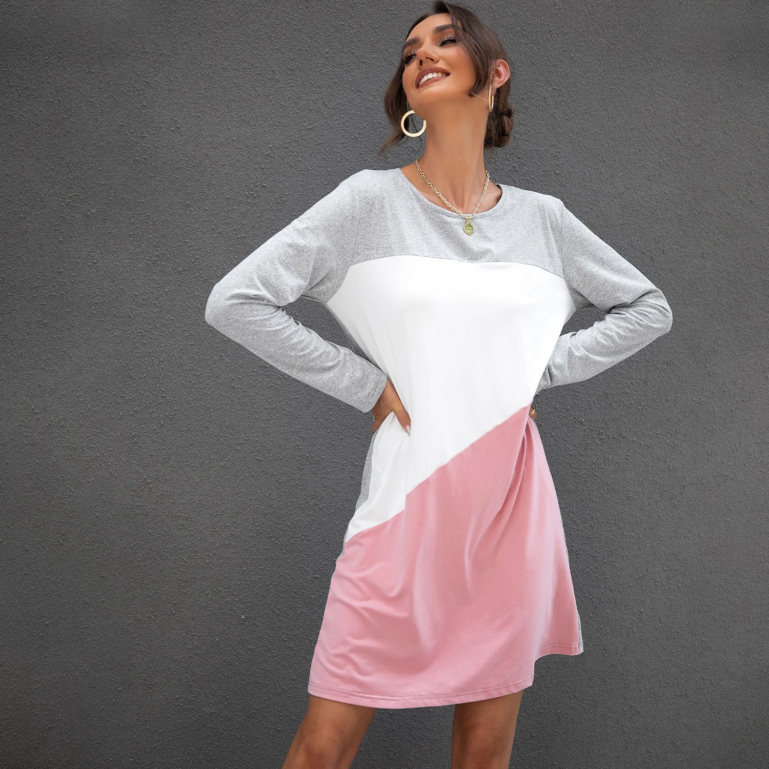 

Women Vintage Color Contrast Loose Dress Long Sleeve O neck High Street A-line Party Mini Dress 2021 Winter New Fashion Dress