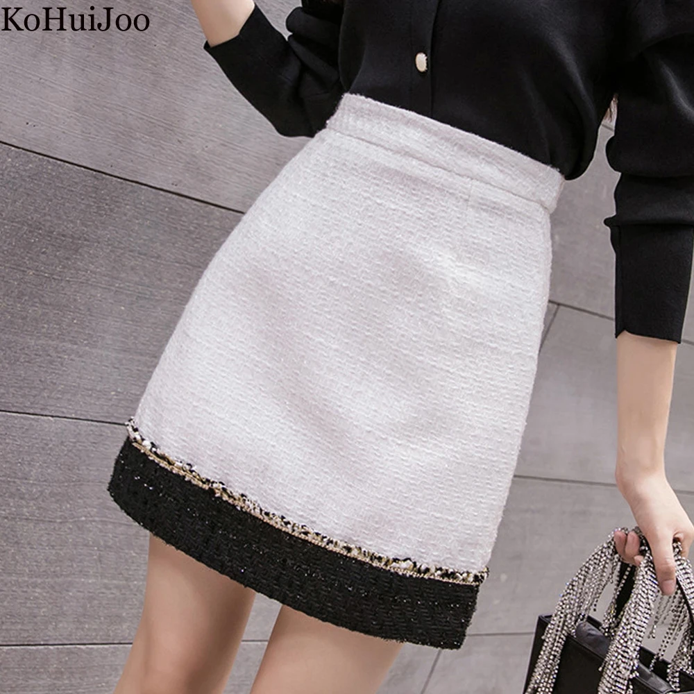 

Женская твидовая юбка KoHuiJoo, трапециевидная, черная, белая, короткая шерстяная юбка, Повседневная мини-юбка для осени и зимы