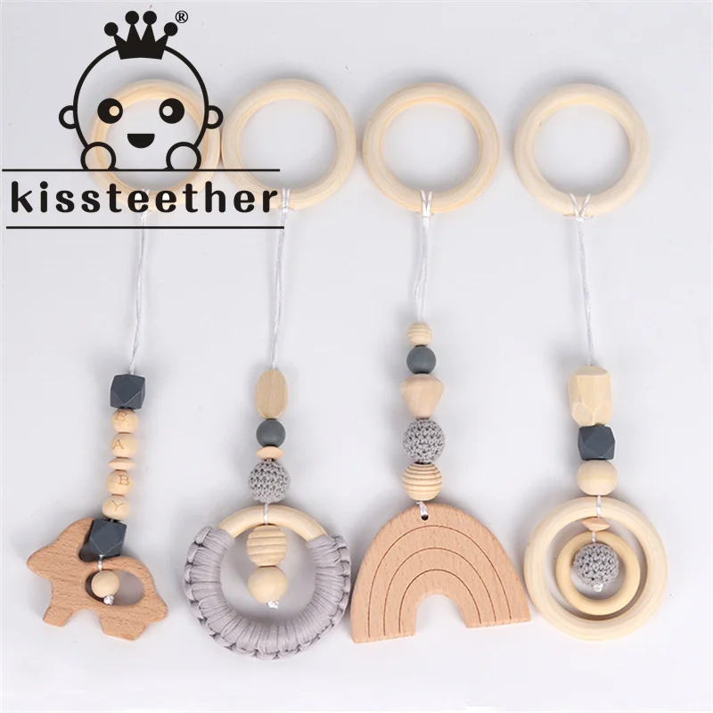 

Kissteether 4pc Cotton Thread Ring Teether Wooden Pram Pacifier Clip Chain Mobile Rattle Stroller Toys Baby Bed Bell Around Gift