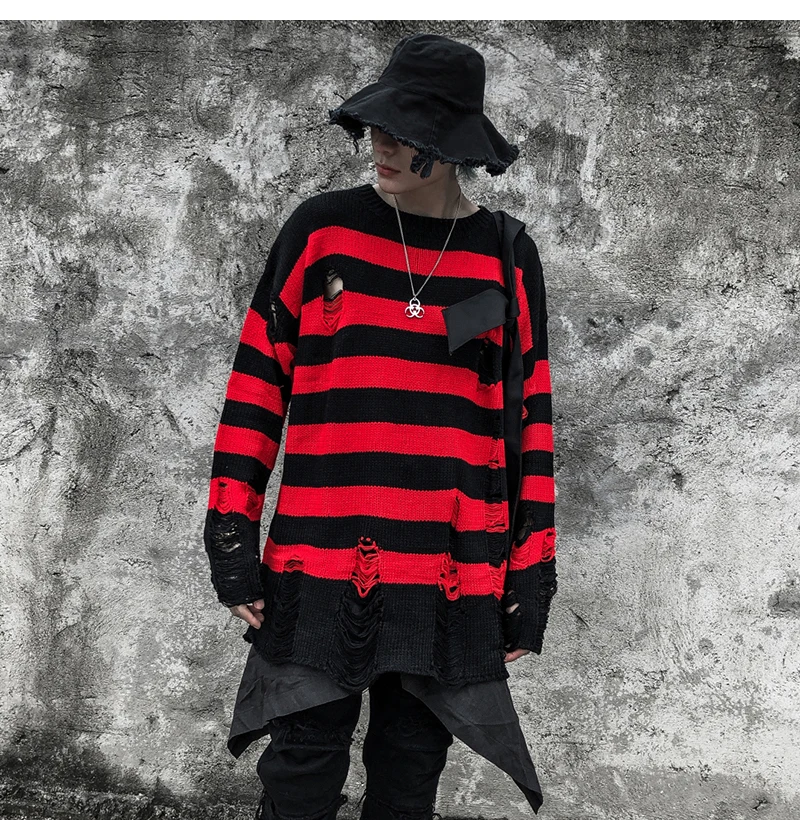 LENSTID осень мужской хип хоп Harajuku красный черный полосатый вязаный свитер с дырками уличная Мужская мода пуловер Свитера