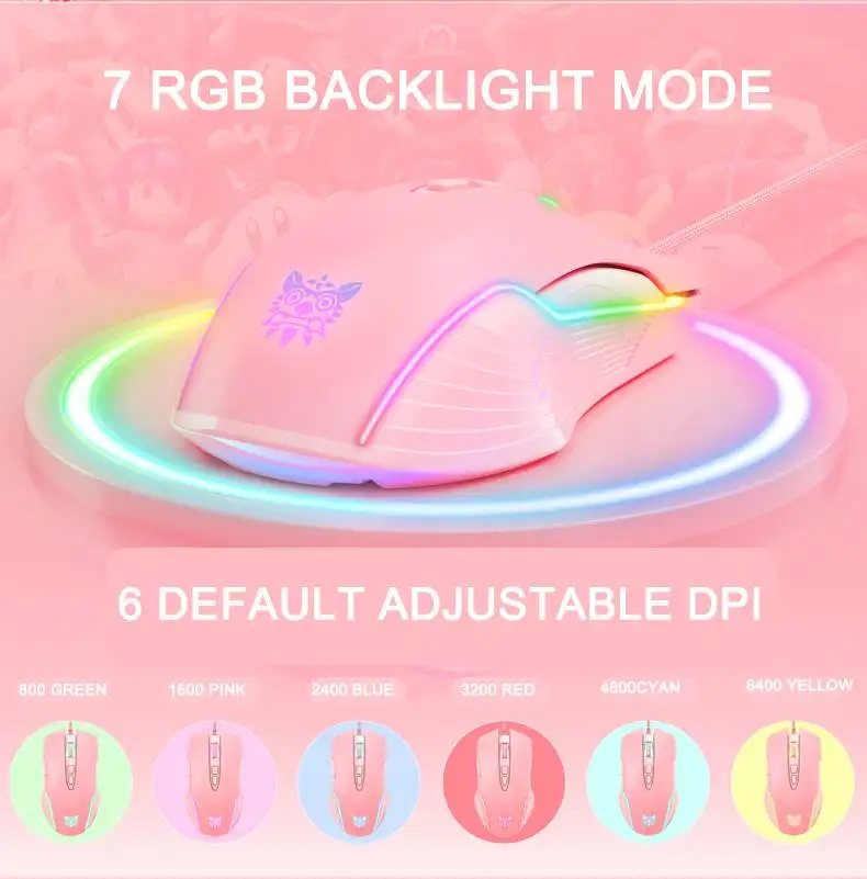 onikuma cw905 pink rgb wired gaming mouse usb game mice 7 buttons design breathing led colors for laptop pc gamer free global shipping