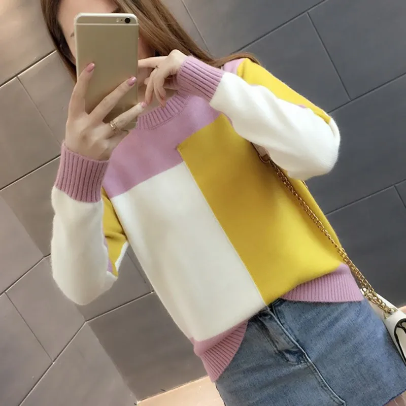 

Women Sweater Patchwork Contrast Color Sweater Women Long Sleeve Sweaters Pullover Knitted Jumper Lady Sweaters Female