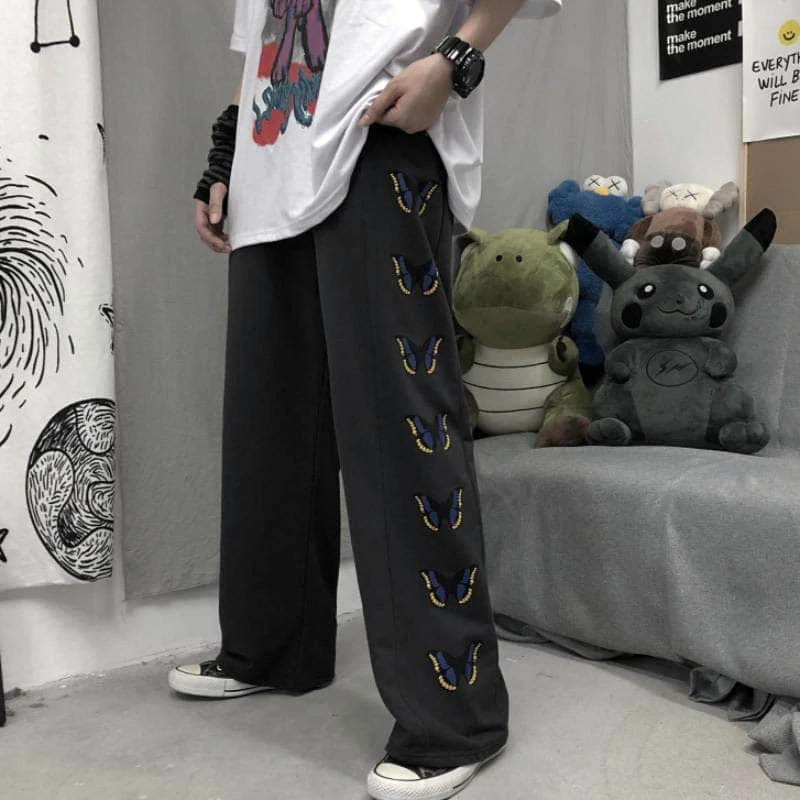 

wide-leg gothic punk black pants women butterfly print bottom couple straight loose drape dark street casual trousers summer