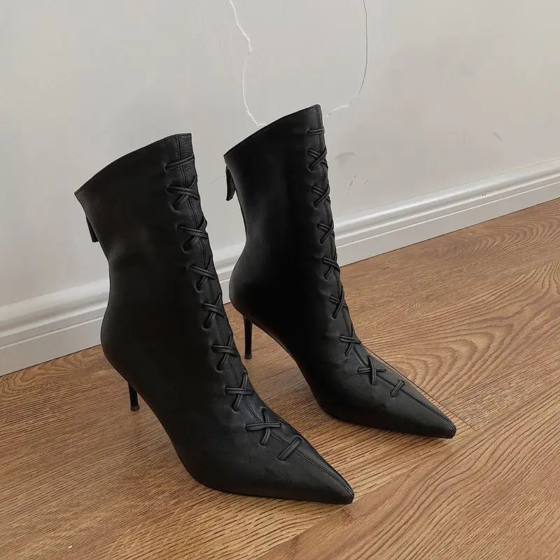 

ALLBITEFO soft sheepskin genuine leather thin heel ankle boots for women fashion high heel shoes women boots street party shoes