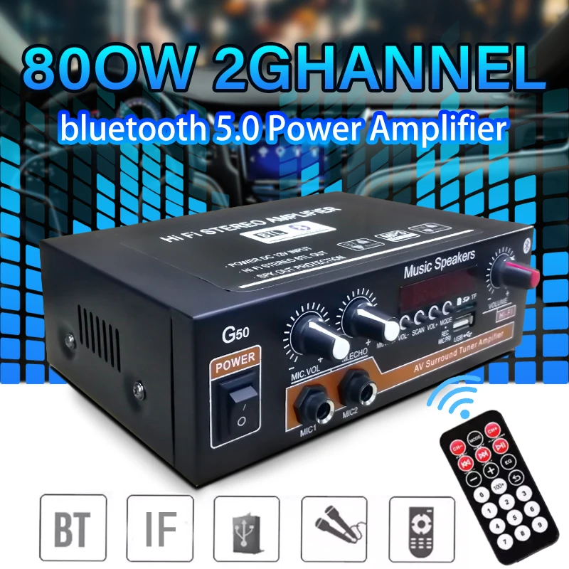 

Цифровой усилитель мощности G50 800 Вт Bluetooth 5,0 HiFi с дистанционным управлением, автомобильные аудиоусилители, цифровой сабвуфер, усилитель рев...