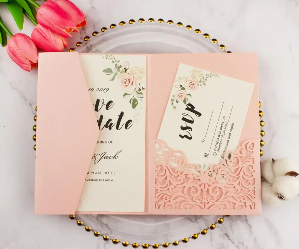 pink 20 шт./лот Бургундия pocketfold с цветами лазерной резки свадебные пригласительные карты три сложенные карты карман поздравительные приглашения - Цвет: pink