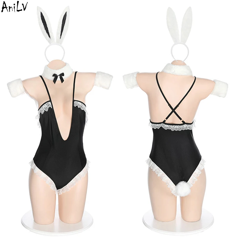 

AniLV New Girl Bunny Bodysuit Swimsuit Costume Women Hot Lace Deep V-neck Spaghetti Strap One-piece Pajamas Lingerie Cosplay