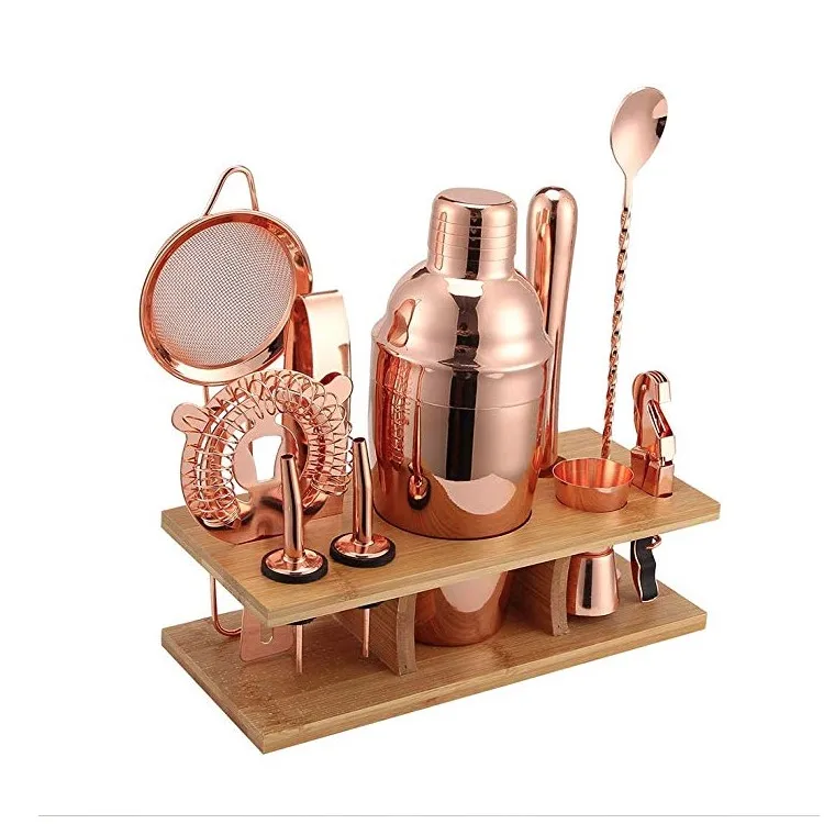 550ml 11pcs RoseGold 11 шт., 750 мл, шейкер для коктейлей, высокое качество, блестящая нержавеющая сталь, британский шейкер для коктейлей, набор из розового золота - Цвет: 550ml 11pcs RoseGold