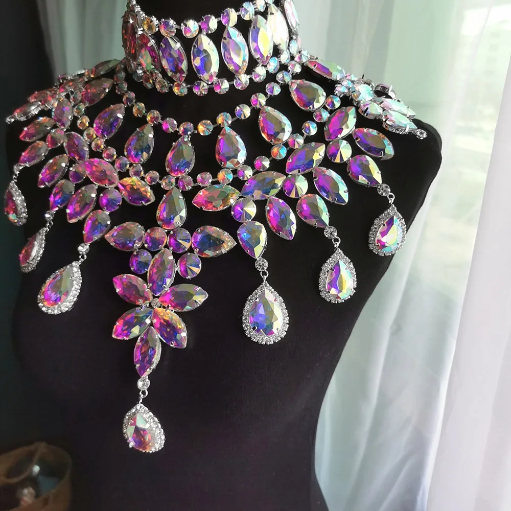 CuiEr-Conjunto de 2 unids/set de COLLAR COLGANTE grande para mujer, Gargantilla, Drag Queen, joyas de cristal enormes-3
