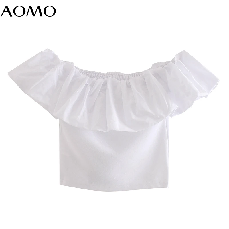 

AOMO women vintage white strethy cotton 2020 T shirt short sleeve ruffle off shoulder casual tee shirt street wear top 3H596A