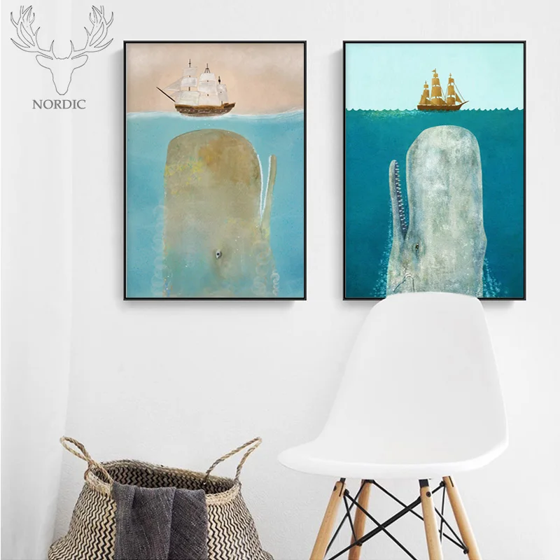 Скандинавский Парусник в море КИТ абстрактные современные плакаты и принты