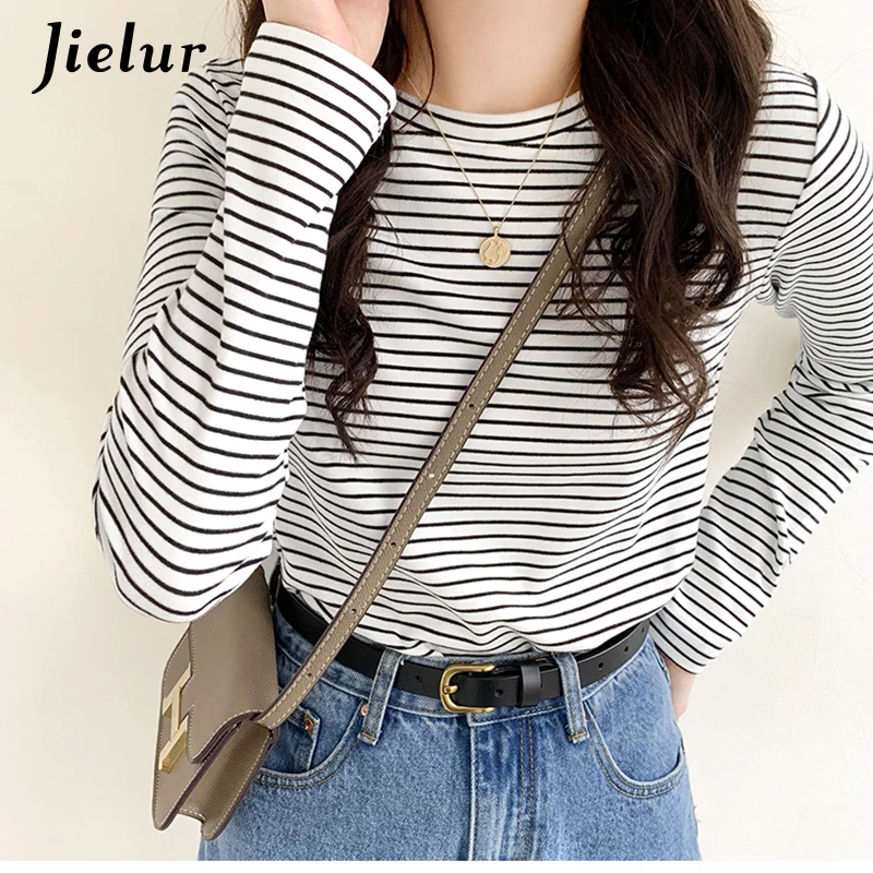 

Jielur Loose Long Sleeve Black White Striped Female T shirt Basic O-neck Ladies Tee Shirts Spring Autumn T-shirt Women Tops S-XL