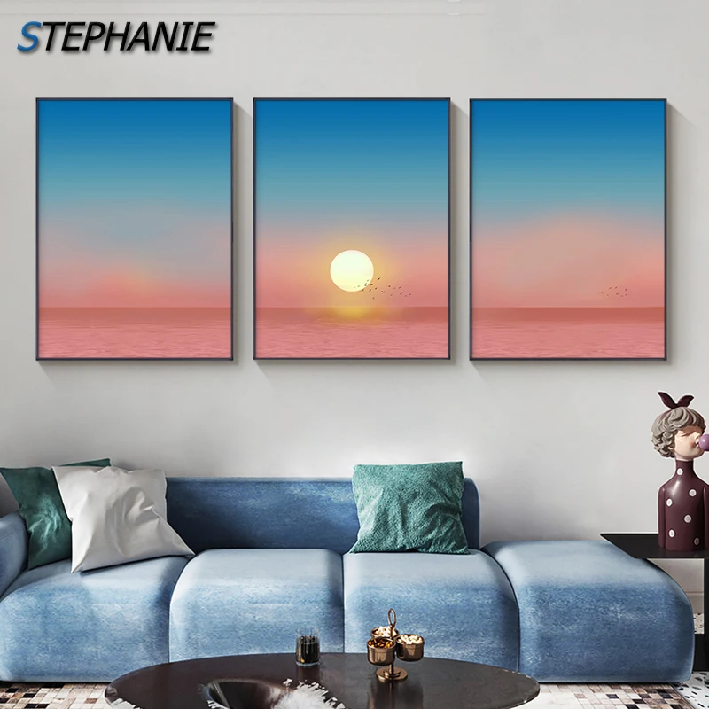 

Nordic Landscape Sea Sunrise Prints Canvas Painting Modern Pink Blue Wall Art Seascape Pictures Posters for Living Room Bedroom