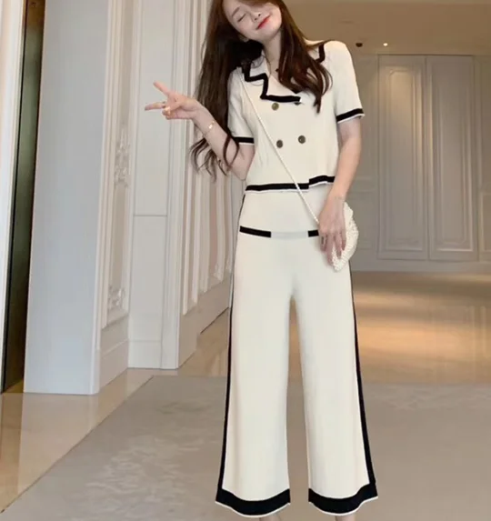 

Set Female Spring and Autumn Fashion Temperament Small Fragrant Knit Wide Leg Pants Suit New Loose Shirt Two-piece Crop Top