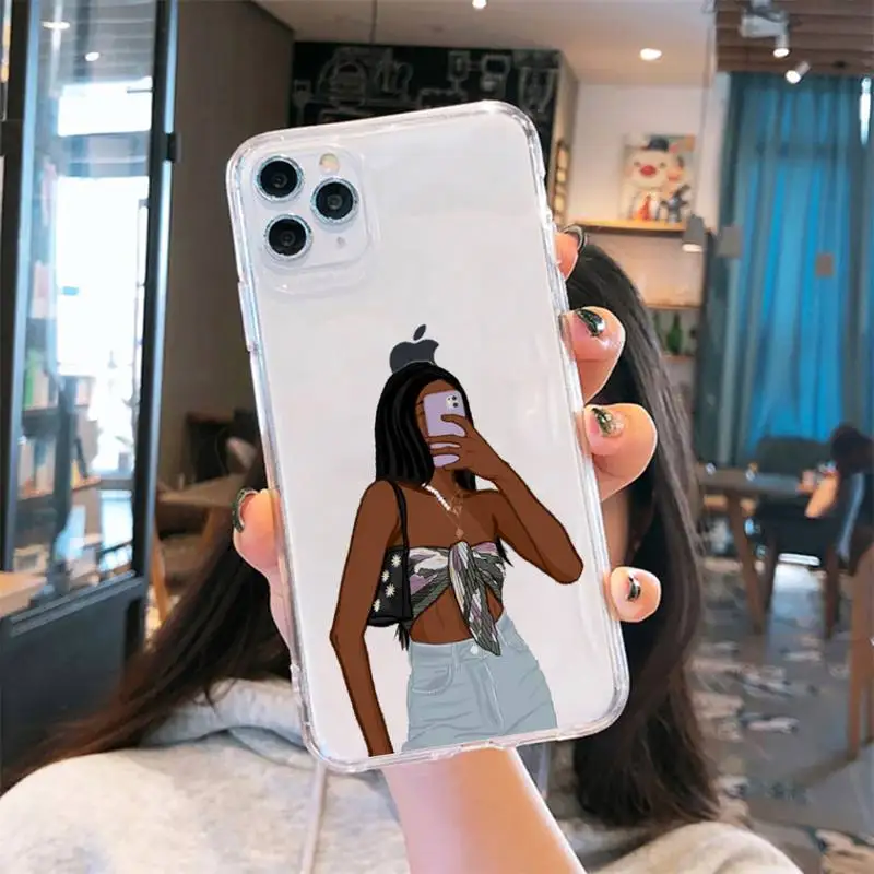 

Black girl fashion cartoon Phone Case Transparent for iPhone 6 7 8 11 12 s mini pro X XS XR MAX Plus cover funda shell