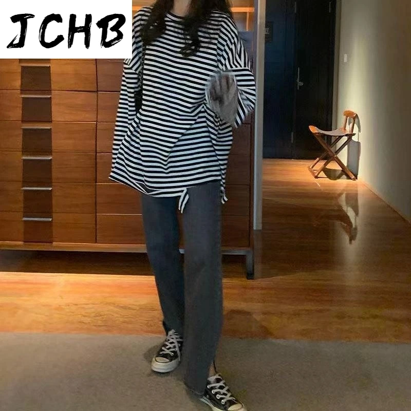 

2021 Women Long Sleeve T-shirts O-neck Ripped Striped Bottoming t Shirt Autumn Winter Warm Top Loose Thicken Mid-length T-shirt