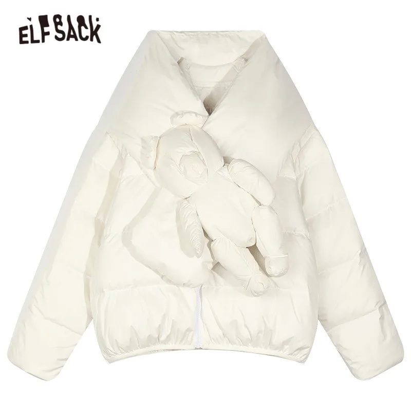 

ELFSACK Solid Pure Oversize Bear Scarf Hooded 90% White Down Coat Women,2020 Winter ELF Korean Ladies Daily Warmness Outwear
