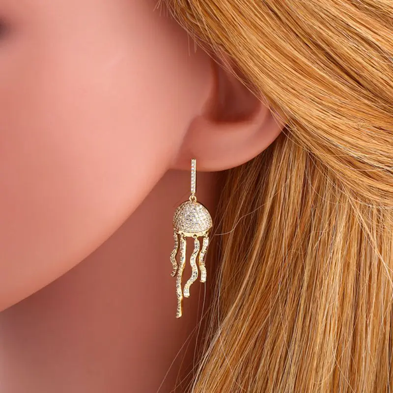 

Long Tassel Wavy Jellyfish Earrings Golden Exquisite Cubic Zirconia Dangle Decor 6XDA