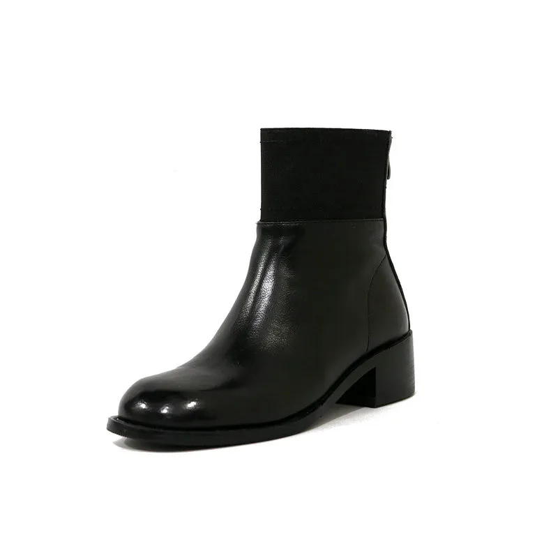 

Vintage cow leather Ankle Boots For Women Autumn Winter square Toe Thick med Heels Shoes Woman Elastic Band Party Casual Boots