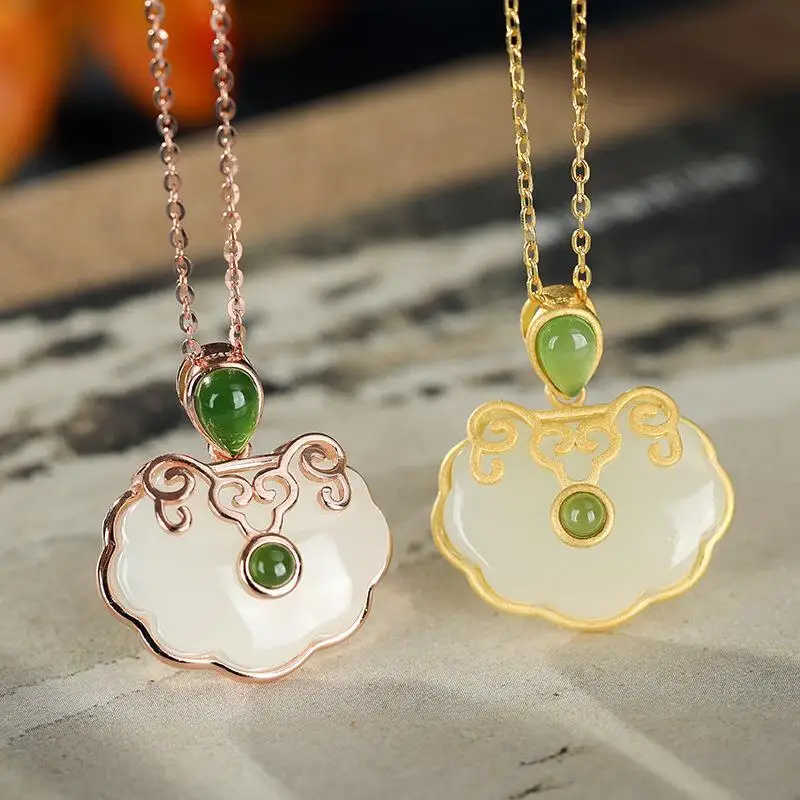 

Natural Hetian Jade Geometric Cloud Necklace Pendant Retro Palace Style Temperament Ladies Jewelry Party Anniversary Accessories