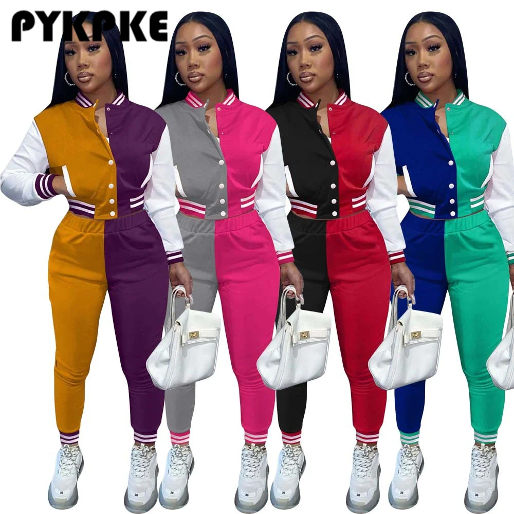 

Two Piece Set Patchwork Button Up Baseball Jacket Sweatpants Fall Winter Women Tracksuit Outfits Matching Sets