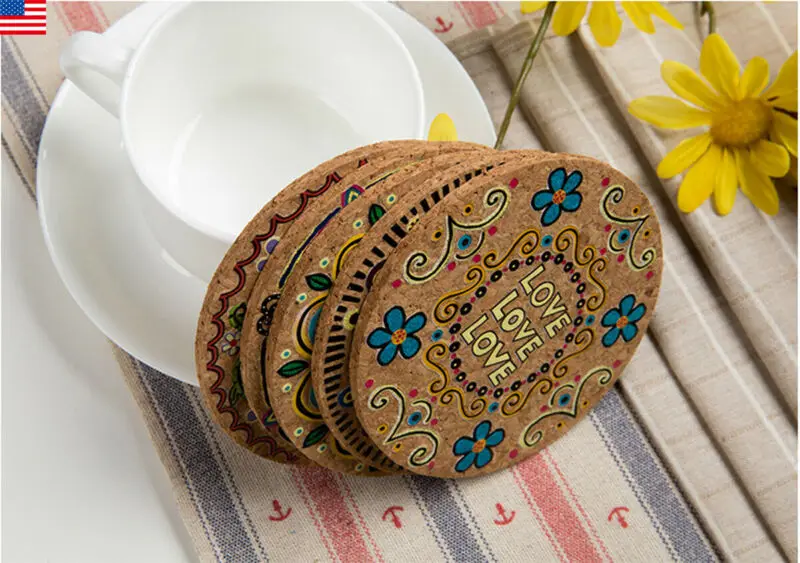 

4x Bohemia Style Cork Wood Drink Coasters Tea Coffee Cup Mat Table Decor Bottle Tableware Pads