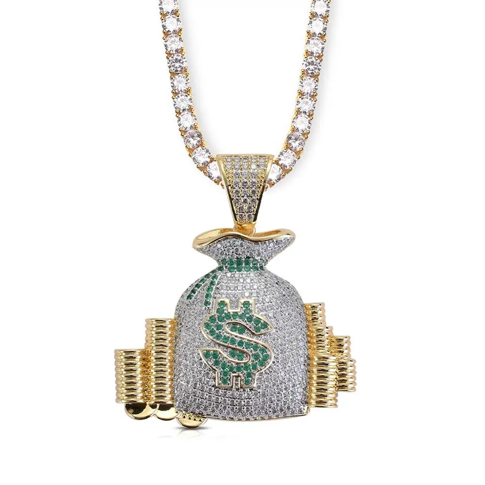 Iced Out Bling хип-хоп знак доллара сумка Шарм кулон Micro Pave лаборатория наличные МОНЕТЫ